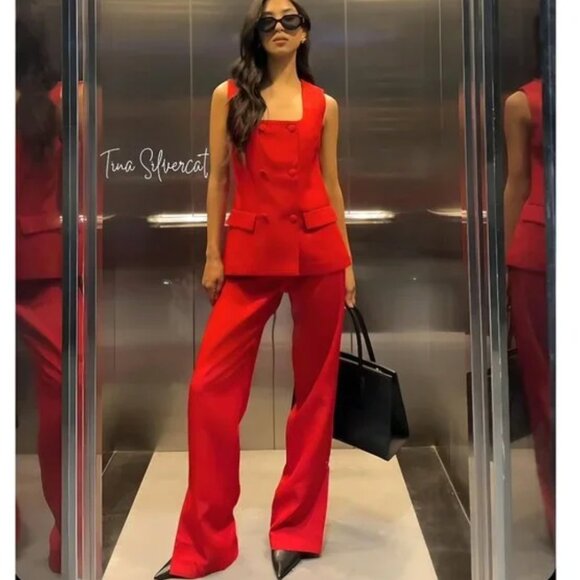 NWT ZARA 2 PCS MATCH SUIT LINED BUTTON VEST + STRAIGHT LEG PANTS WITH SLITS RED